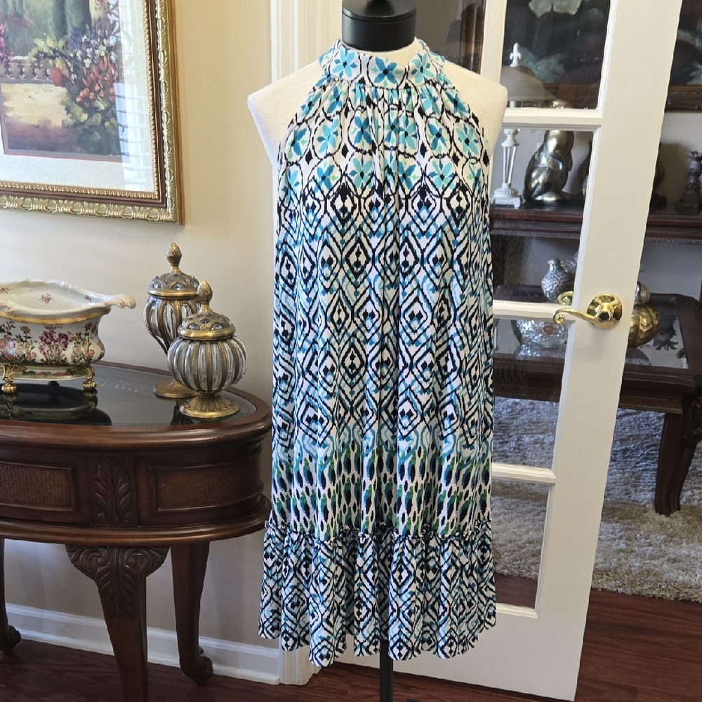 Maison Tara Floral Aqua White Black Dress Sleeveless Stretch Ruffle Hem 16 EUC